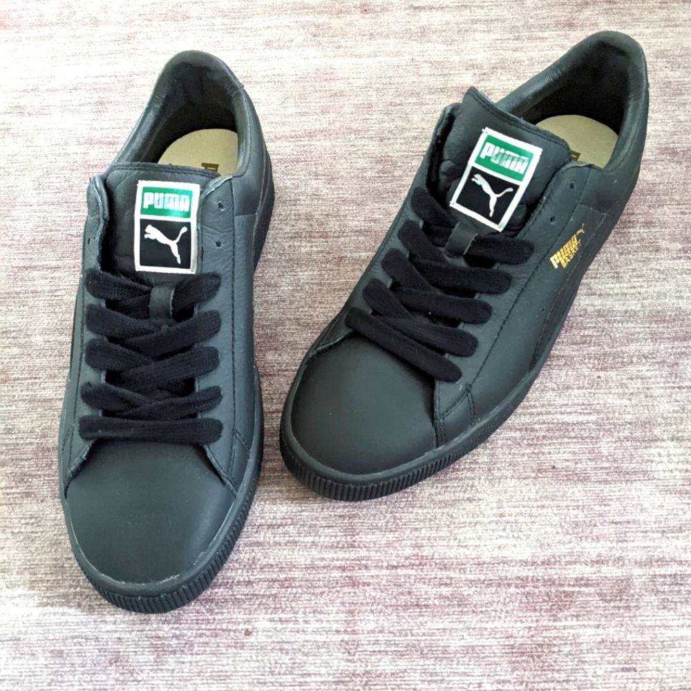 Men's Puma Basket sneakers matte black leather with metallic gold NWOT 12